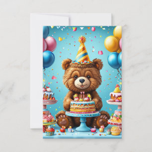 Oso de cumpleaños con pastel y globos