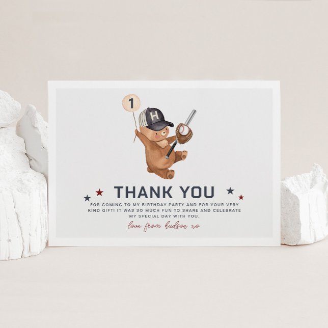 Oso de cumpleaños de Rookie - Tarjeta de agradecim (Rookie 1st Birthday Bear - Thank You Card)