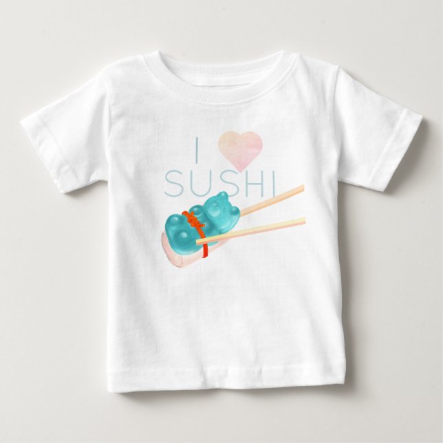 Oso de goma azul "Amo el sushi" Camiseta bebé (Anverso)