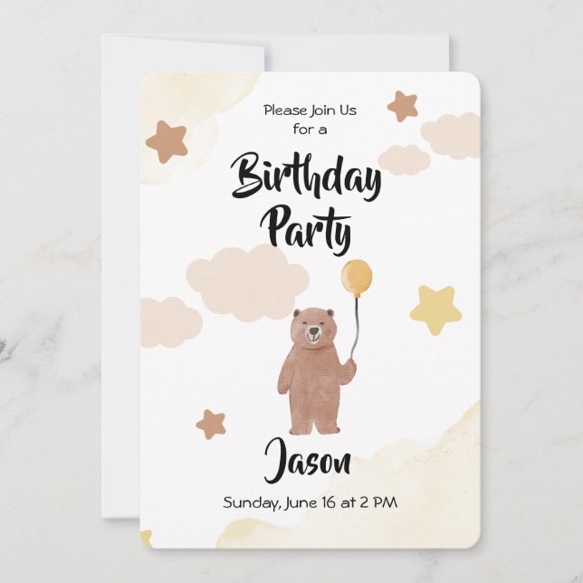 Oso de invitación de fiesta de cumpleaños con glob (Anverso)