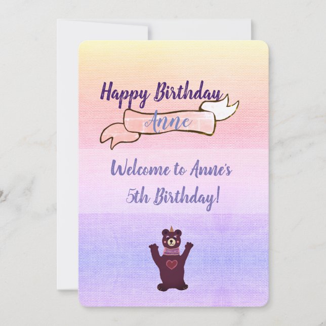 Oso de invitaciones a fiesta de cumpleaños de bebé (Anverso)