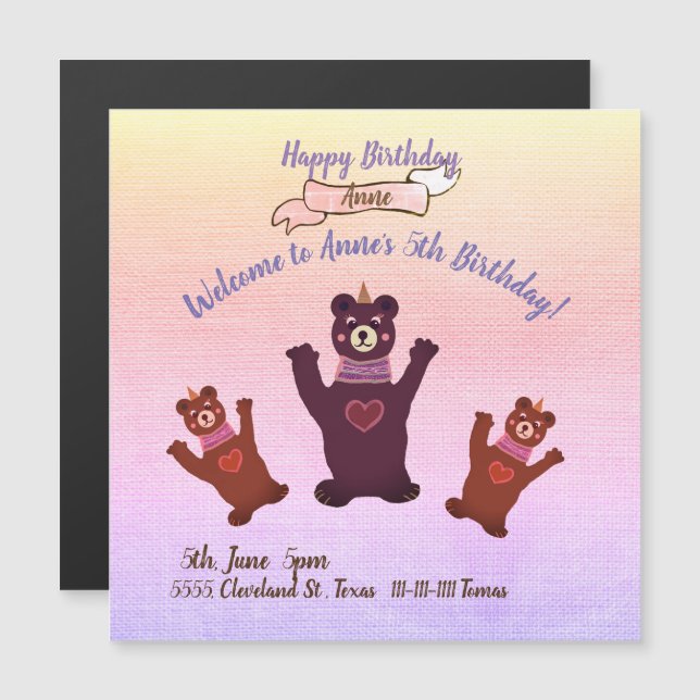 Oso de invitaciones a la fiesta de cumpleaños de l (Anverso/Reverso)