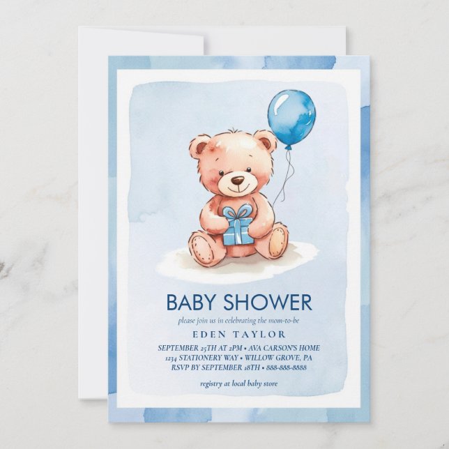 Oso de juguete lindo con invitaciones a la ducha d (Anverso)