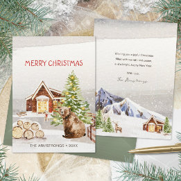 Oso de Navidad de cabaña de invierno en acuarela r