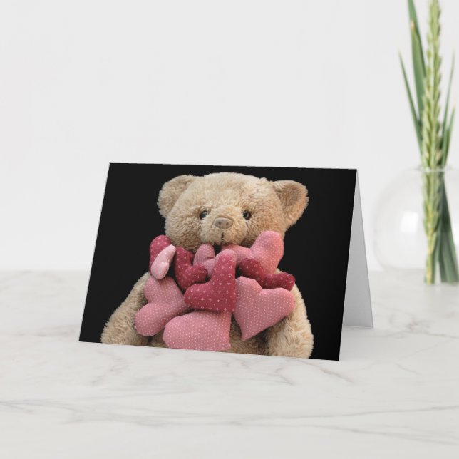 oso de peluche con tarjeta de saludo de corazones  (Anverso)