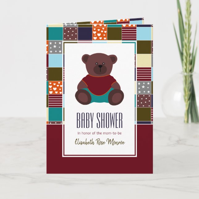 Oso de peluche de patchwork, Invitación a baby sho (Anverso)