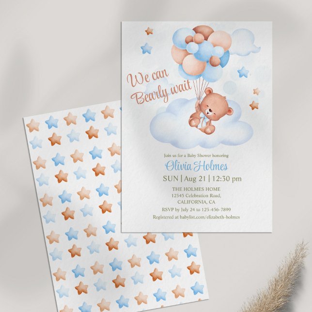Oso de peluche en la invitación de Baby Shower en  (Teddy Bear in the Sky Baby Shower Invitation on table)