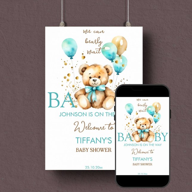 Oso de peluche espera la señal de bienvenida de la (Bearly wait teddy bear baby shower welcome sign poster instant download teal and gold baby boy)