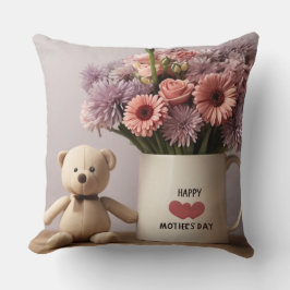 Oso de peluche, flores y Cojín decorativo de tazas