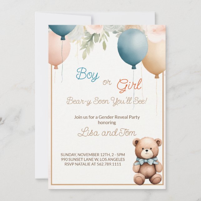 Oso de peluche: Invitación a revelar género sutil (Anverso)