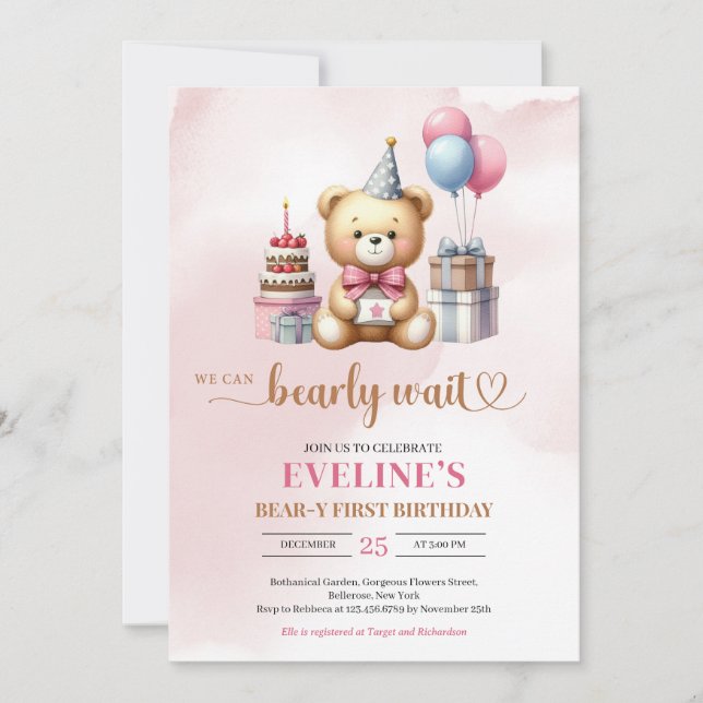 Oso de peluche lindo Invitación de primer cumpleañ (Anverso)