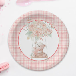 Oso de peluche lindo plato de papel de cuadros ros