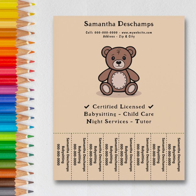 Oso de peluche - Niñera Lágrima fuera del volante  (Teddy Bear - Babysitter Tear Off Strips Flyer)