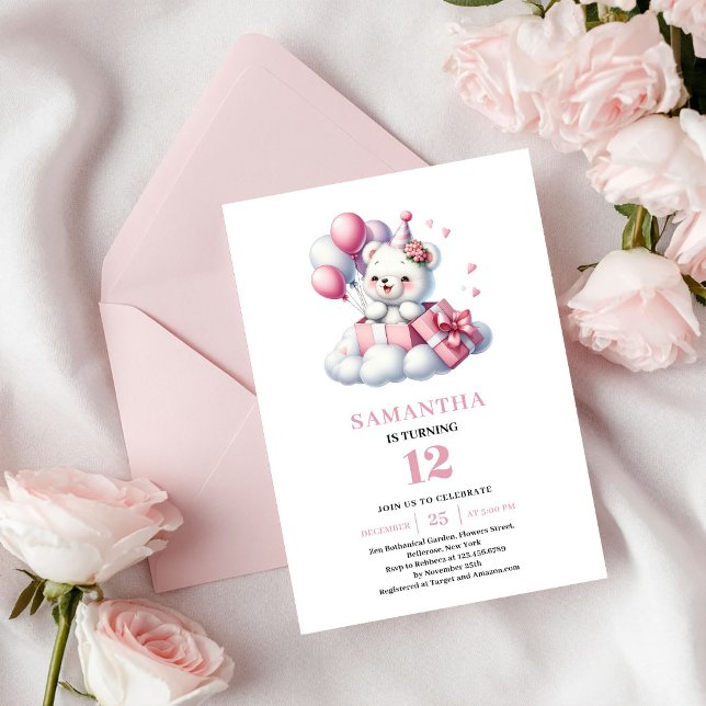 Oso de peluche para cumpleaños de niña Invitación  (Girl Birthday Teddy Bear Pink Ivory Party Invite)