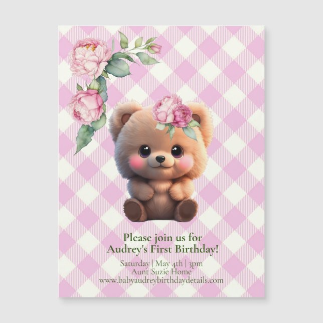 Oso de peluche rosa gingham floral Baby Shower (Anverso)