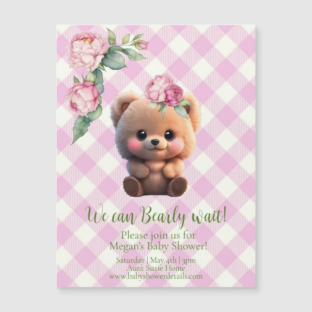Oso de peluche rosa gingham floral Baby Shower (Anverso)