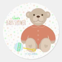 Oso de peluche vestido en Pegatina de Baby Shower