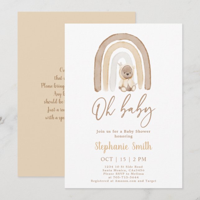 Oso de peluche y arcoiris Invitación a Baby Shower (Anverso / Reverso)