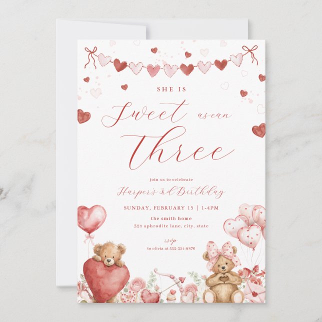 Oso de San Valentín Corazones Dulce Invitación de  (Anverso)