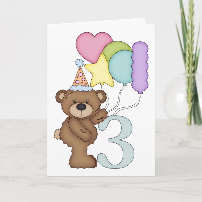 Oso de Teddy con tarjeta de tercer cumpleaños para (Anverso)