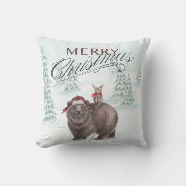 Oso del arbolado y almohada de las Felices Navidad (Anverso)