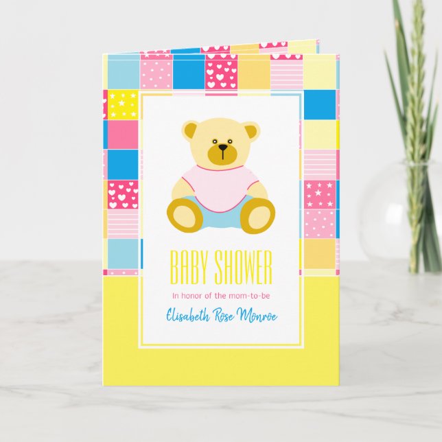 Oso dorado de patchwork, Invitación a baby shower (Anverso)