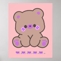 Oso Kawaii Adorable con Lazos Morados - Póster