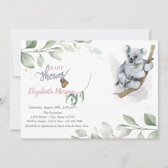 Oso Koala Deja Invitación para Fiesta de Bebé (Anverso)