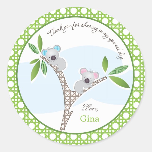 Oso Koala| Gemelos Baby Shower Favor Pegatina (Anverso)