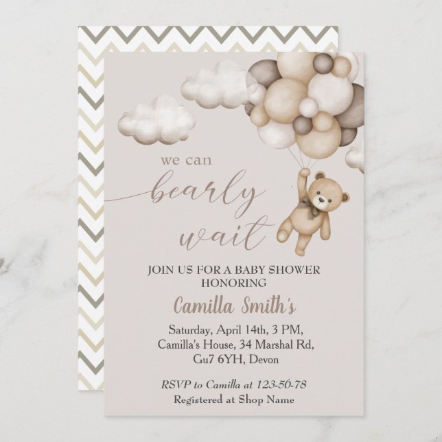 Oso lindo con globos Invitación a Baby Shower (Anverso / Reverso)