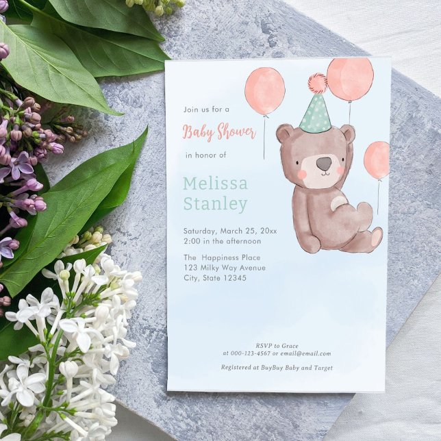 Oso lindo con globos invitación a la ducha de bebé (Subido por el creador)