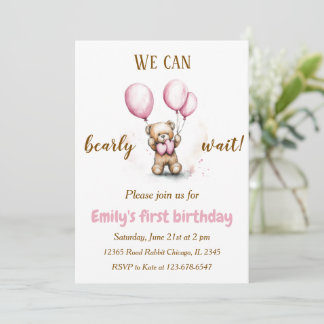 Oso lindo con globos rosados | Invitación de cumpl