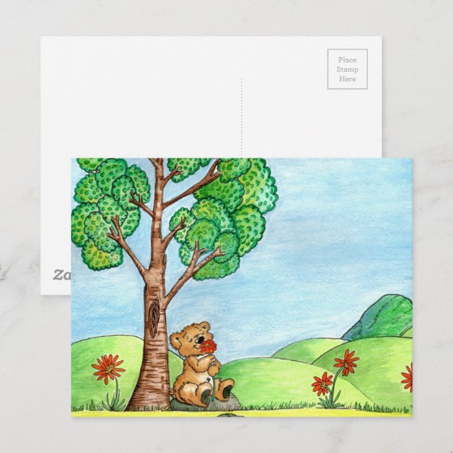 Oso lindo con postal de flores (Anverso / Reverso)