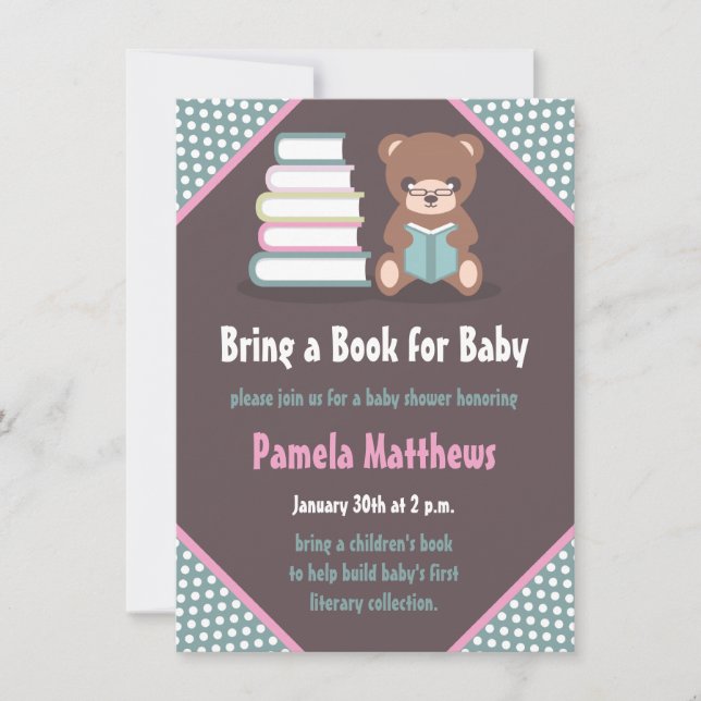 Oso lindo trae un libro bebé invitaciones a la duc (Anverso)