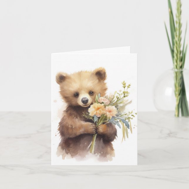 Oso Marrón De Acuarela Con Flores (Anverso)