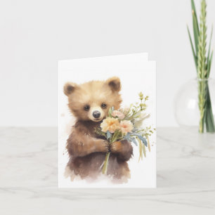 Oso Marrón De Acuarela Con Flores