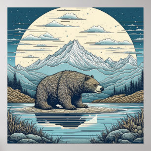 Oso, Montañas, Lago, Arte de IA de Luna Llena