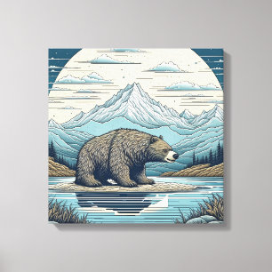 Oso, Montañas, Lago, Arte de IA de Luna Llena