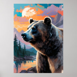 Oso Pardo Montaña Atardecer Arte Impresión Acuarel