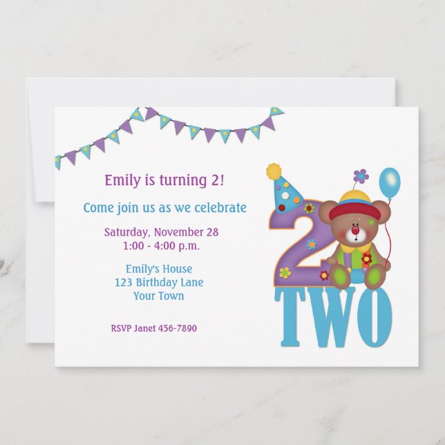 Oso payaso de cumpleaños, dos, invitación de cumpl (Anverso)