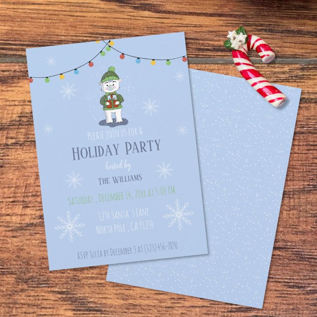 Oso Polar con Regalos Invitación de fiesta de feri (Cute polar bear with gifts blue Holiday party invitation .
)