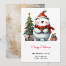 Oso polar lindo con árbol de Navidad rojo feliz