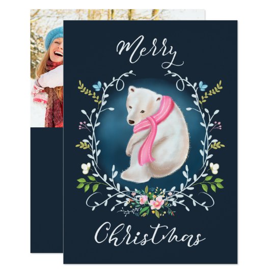 Oso polar y tarjeta de Navidad floral de la foto