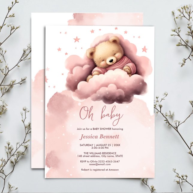 Oso rosa en la invitación a la ducha de bebé en la (Cute sleeping bear in pink clouds baby shower)