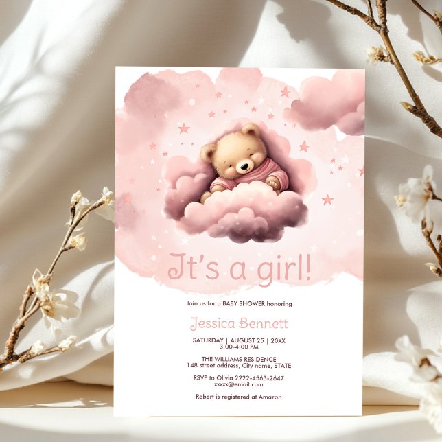 Oso rosa en la invitación a la ducha de bebé en la (Cute sleeping bear in pink clouds baby shower)