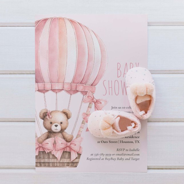 Oso rosa en la invitación de Chica de Baby Shower  (Pink Bear in Balloon Baby Shower Girl Invitation)
