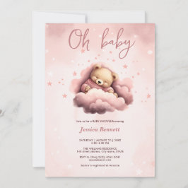 Oso rosa en la invitación de cumpleaños de bebé en