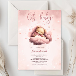 Oso rosa en la invitación de cumpleaños de bebé en