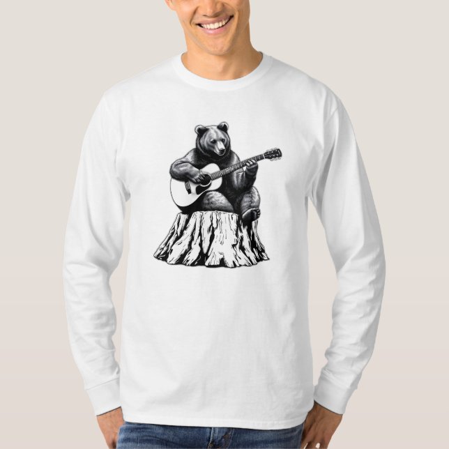 Oso Tocando Guitarra Acuística - Camiseta De Longs (Anverso)
