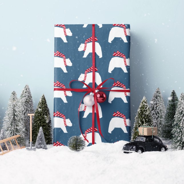 Osos Polares Mod - Armada - Papel de envolvimiento ("Modern Polar Bears" in navy for all your holiday gift wrapping needs. By Clearlytangled Studio.)